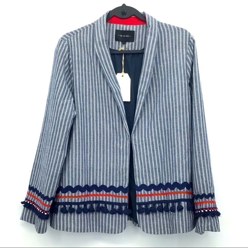 Free the Roses Pin Stripped Tassel Grey Blue Red Blazer New With Tag Large